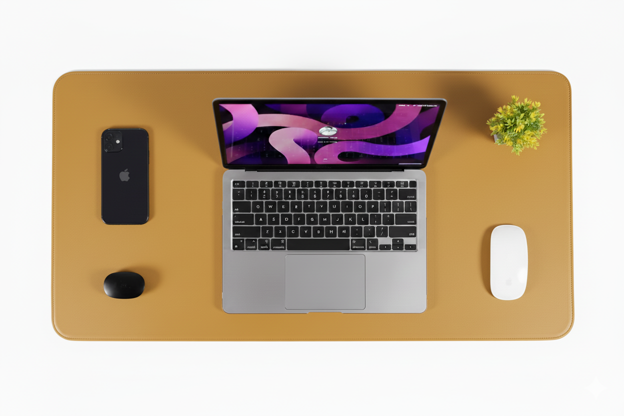 Double Side PU Leather Desk Mat + Free Mouse Pad - Mustard